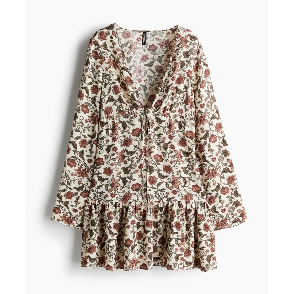 HM Divided Floral Mini Dress XS Cream Burgundy Boho Tie Front Ruffle Long Sleeve